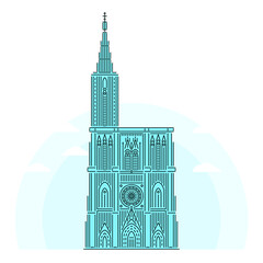 Strasbourg Cathedral - famous landmark of Strasbourg, Alsace, France. Monument of Catholicism and early Gothic architecture. Linear style outline vector illustration on white background - obrazy, fototapety, plakaty