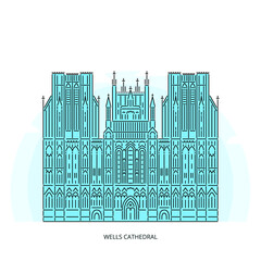 Wells Cathedral - Anglican cathedral in Wells, Somerset, England. Famous landmark of England. Monument of Anglicanism and early Gothic architecture. Linear style outline vector illustration