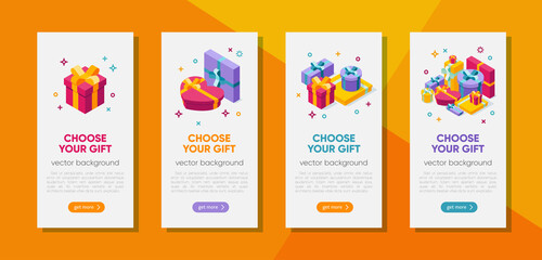Banners template with isometric gift boxes on white background, vector illustration. Bright, colorful present and gift boxes with ribbon bows, confetti particles.