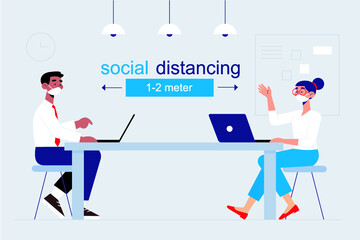Social distancing at office workplace. Employees are maintain distance during work at workplace. Safety awareness of covid-19 virus. 