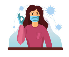 Face with medical mask on. Hands in gloves. Protection against viruses and bacteria during epidemics.Protective mask and gloves before a street. Avoid infection. Coronavirus. Vector flat illustration.