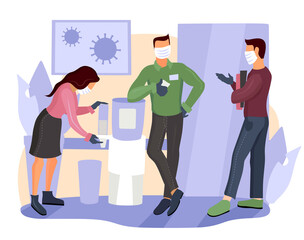 Business people wearing surgical masks and standing together, healthcare and prevention concept. Office workers in masks and gloves. Coronavirus quarantine covid-19. Self isolation in offices.