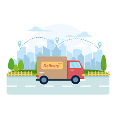 Vector and illustration of truck delivery in flat cartoon style. Online delivery service and e-commerce concept