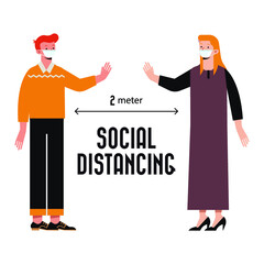 Social distancing, keep distance in public society people to protect from COVID-19 coronavirus outbreak spreading concept, businessman and woman keep distance away in the meeting with virus pathogens