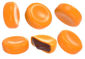 Delicious caramel candies with chocolate sauce. Isolated on white background. Clipping path. 3d illustration