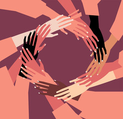 Vector illustration of a people's hands with different skin color together. Minimal flat style art.