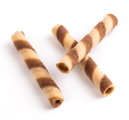 Crispy cream filled wafer roll sticks isolated on white background