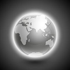 Globe icon with smooth shadows and white map of the continents of the world