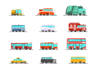 Isolated set of simplified public service vehicles. Vector flat graphic design. - obrazy, fototapety, plakaty