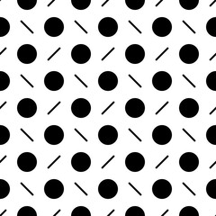 Circles, diagonal strokes seamless pattern. Dots, dashes print. Dot shapes, lines ornament. Circular, linear figures wallpaper. Rounds, stripes background. Dotted, dashed backdrop. Abstract vector.