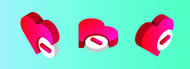 3D isometric Remove from favorites icon. Realistic heart with minus. Vector- top, left, right angles.