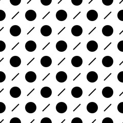 Circles, diagonal strokes seamless pattern. Dots, dashes print. Dot shapes, lines ornament. Circular, linear figures wallpaper. Rounds, stripes background. Abstract vector. Dotted, dashed backdrop.