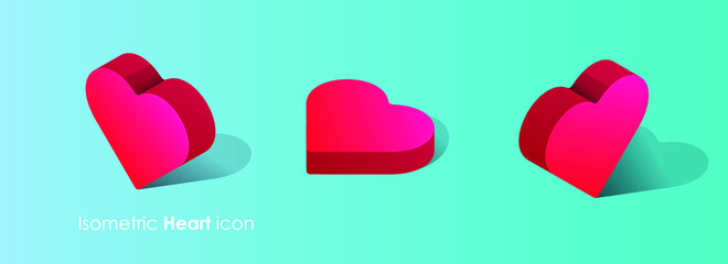 3D isometric red heart icon. Vector- top, left, right angles.
