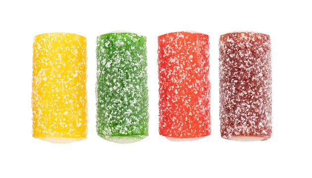 Colorful sour candy licorices. Sweet snack, gummies, jellybeans, gumdrop, gummy candy, unhealthy food. Isolated on white background