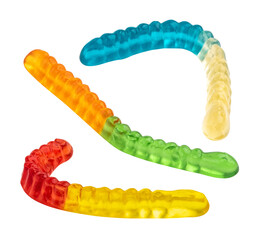 Tasty jelly worms on white background. Colorful sweet gummy worms.