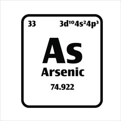 Arsenic (As) button on black and white background on the periodic table of elements with atomic number or a chemistry science concept or experiment.	