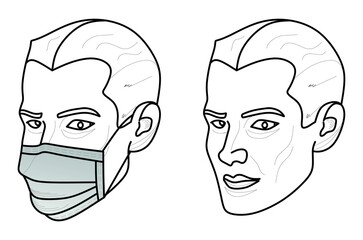 Two individuals. One has a medical mask against microbes and the other is without a mask.