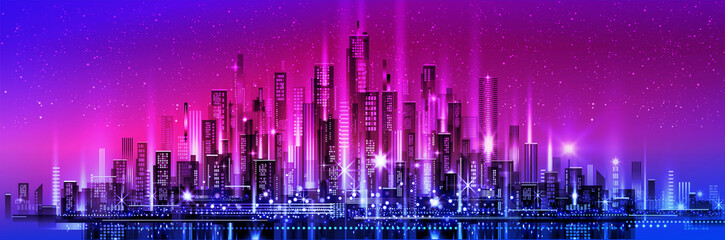 Fototapeta na wymiar Vector night city skyline with neon glow and vivid colors. Illustration with architecture, skyscrapers, megapolis, buildings, downtown