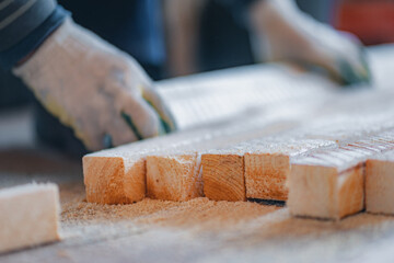 Wooden blocks on the floor during woodwork.