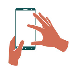Hands hold smartphone vertically, finger touching the screen. Colored illustration on a white background. Vector line icons, sign, pattern.