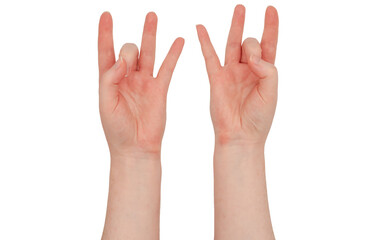 Freckled white hands. Isolated woman's hands, with the middle finger turned down and the thumb holding it in an ASL gesture meaning number eight