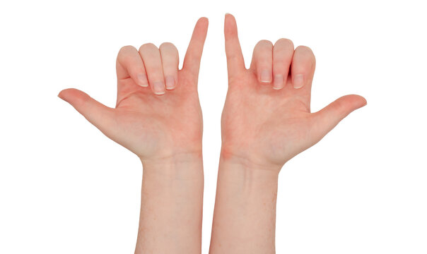 Freckled white hands. Hands make the shaka, dude, or surfer gesture, palms up.  Female hand isolated