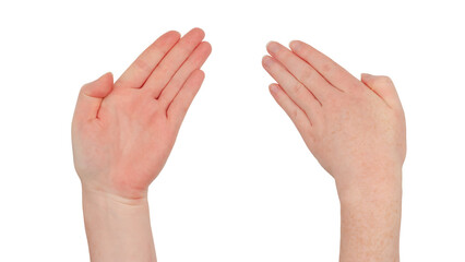 Freckled white hand. Isolated woman's hand palm up and palm down, fingers together and wrist bent in a gesture indicating direction, or waving
