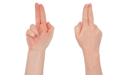 Freckled white hands.  Isolated woman's hand, front and back, index and second finger together and pointing, ring and little finger bent. Thumb tucked in
