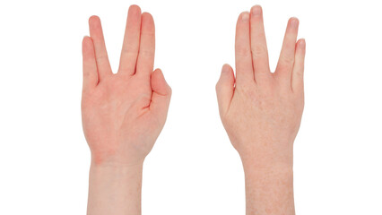 Freckled white hands. Isolated woman's hand, front and back, in the posture of the Vulcan salute with the thumb tucked in