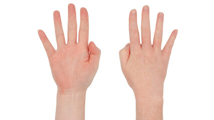 Freckled white hands. Isolated woman's hand with four fingers up and thumb tucked in gesture, front and back, indicating the number 4