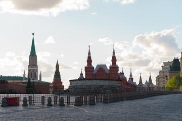 Photography of the State Historical Museum at the Red Square in Moscow. Bright blue spring sky over the city. Back lit photography. 