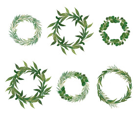 Hand drawn illustration of botanical wreath of green branches and leaves with gold accents. Summer floral Design elements. Perfect for invitations, prints, greeting cards, posters and packing.