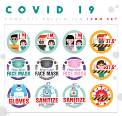 COVID Prevention ICONS  - Complete SET of 12 BUTTONS SIGNS - VECTOR - JPEG
