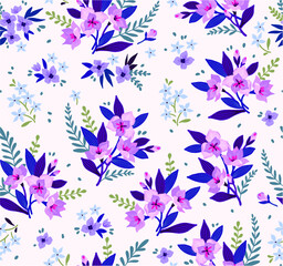 Fototapeta na wymiar Seamless floral pattern with exotic flowers. Pink lilies flowers on a white background. Branches and points with small flowers are scattered on the surface. A bouquet flowers for fashion prints.