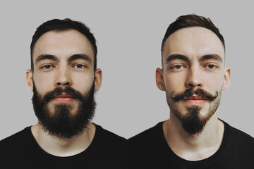 vintage, noise effect: two portraits of the same man before and after a haircut and shave....