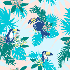 Seamless pattern ink Hand drawn Tropical palm leaves, flowers, birds.