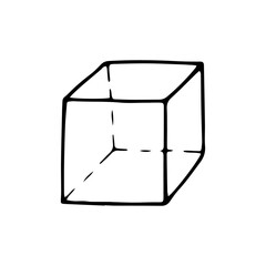 Cube in doodle style isolated on white background. Single geometric figure. Sign logo. Vector children school symbol. Simple cartoon outline illustration.