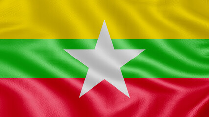 Flag of Myanmar. Realistic waving flag 3D render illustration with highly detailed fabric texture.