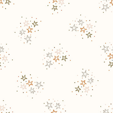 
Seamless Background Gender Neutral Baby Stars Pattern. Simple Whimsical Minimal Earthy 2 Tone Color. Kids Nursery Wallpaper Or Boho Sleepwear Fashion All Over Print.