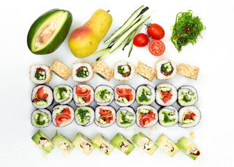 Sets of different sushi roles on a white background