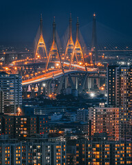 Rama 9 bridge view with Bangkok city in nighttime.