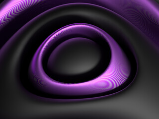 3d render of abstract art 3d background with part of surreal ball in round curve smooth and soft forms in black matte rubber material with aluminum parts in purple parallel lines patter on surface