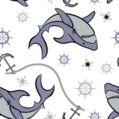 Seamless pattern depicting a large shark and themed marine objects on a white background.