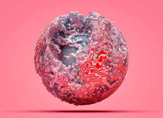 3d render of abstract art with surreal 3d ball or sphere in deformation process based on liquid substance around in red lines pattern with metal rough aluminium core inside on light pink background
