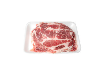 sliced pork in tray foam on white background