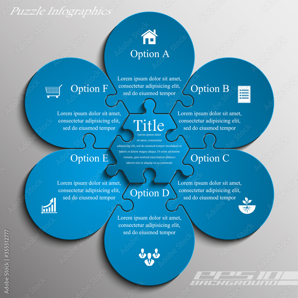 Poster blue flower puzzle presentation infographic template with six explanatory text field for business st