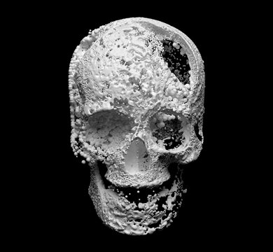 3d render of abstract art white glossy styrofoam surreal spooky 3d skull based on liquid splash fluid with small and big balls particles in deformation movement process on black background