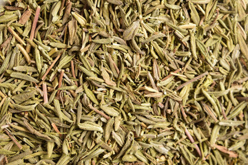 Dry thyme close-up. The fragrant herbs are photographed from above.