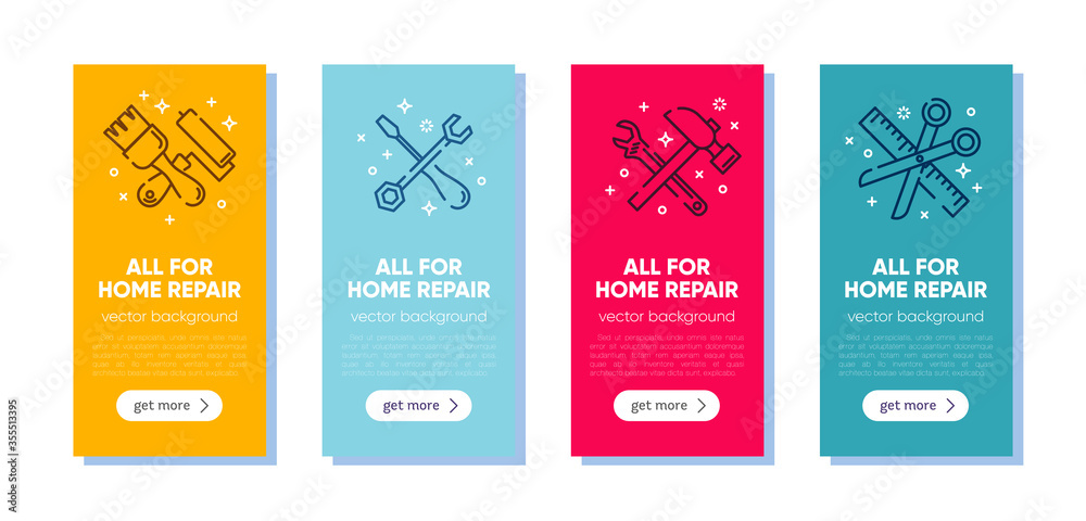 Wall mural Set of banners with working tools for home repair, building, construction, renovation. Сoncept illustration set, for banner, landing page, mobile app. Vector template with outline icons.