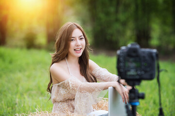 Naklejka premium Vlogger editing video create content for upload on social media or internet online connect communication people ware.Social media influencer people or content maker.selective focus